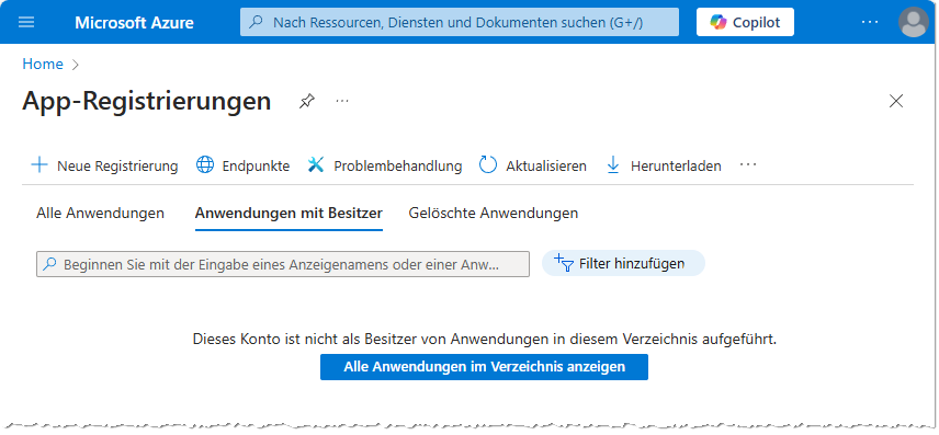 Der Bereich für die App-Registrierungen