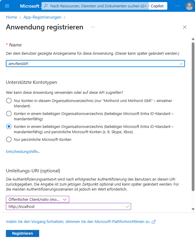 Registrieren einer neuen Anwendung