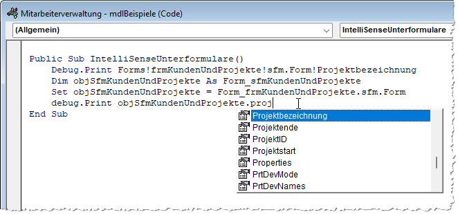 IntelliSense für Unterformulare