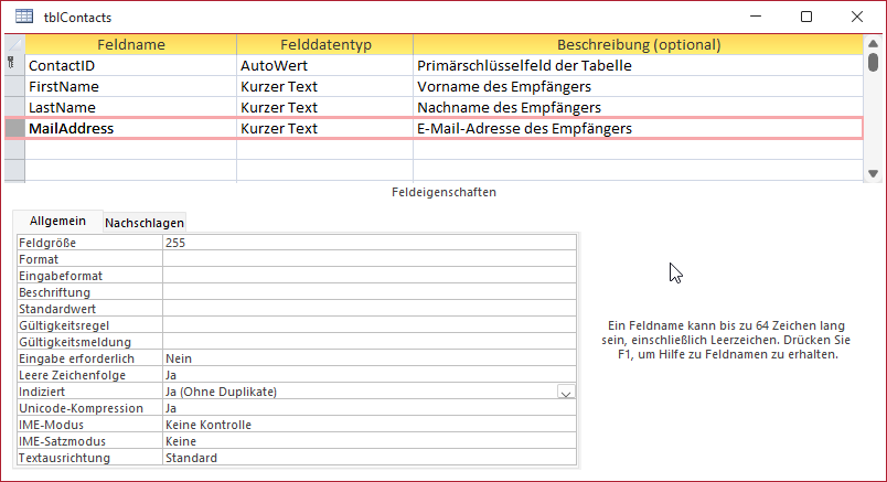 Tabelle zum Erfassen der Kontakte