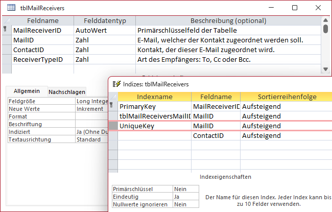 Tabelle zum Zuordnen von Kontakten zu E-Mails