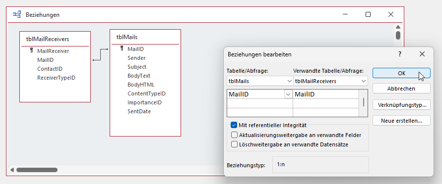 Herstellen der Beziehung zwischen den Tabellen tblMailReceivers und tblContacts