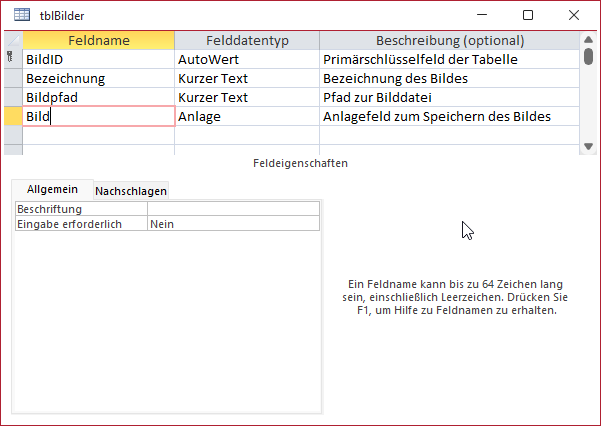 Tabelle zum Speichern von Bildern