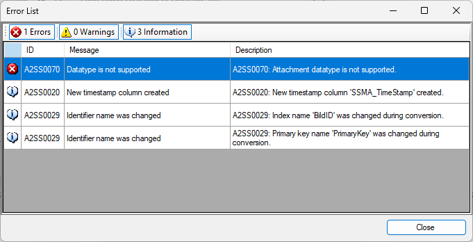 Meldung beim Versuch, ein Anlagefeld zum SQL Server zu migrieren