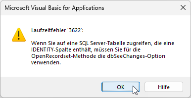 Fehlermeldung bei Verwendung einer Recordset-Anweisung