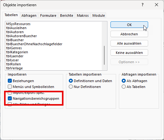 Aktivieren der Navigationsbereichsgruppen beim Importieren von Datenbankobjekten