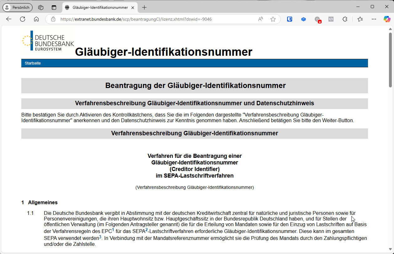 Start der Beantragung einer Gläubiger-Identifikationsnummer