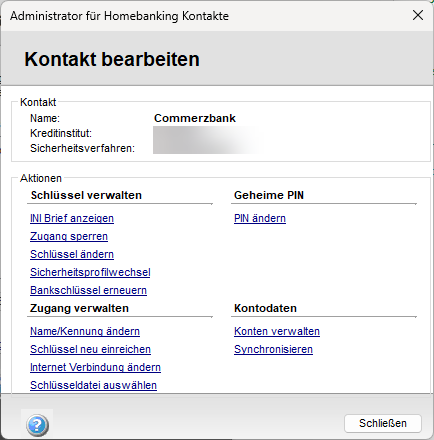 Bearbeiten eines Banking Kontakts