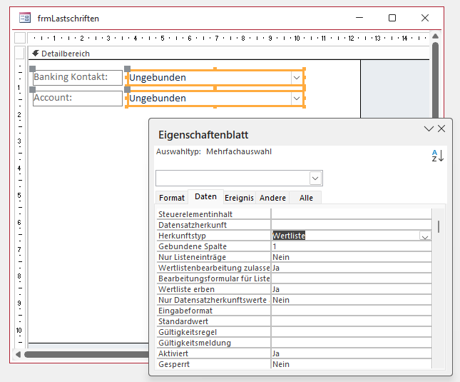 Formular zur Auswahl der Banking Kontakte und Accounts