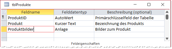 Tabelle zum Speichern von Produkten mit Bildern