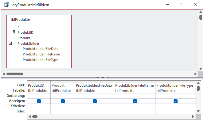 Die Untertabelle in einem Anlagefeld