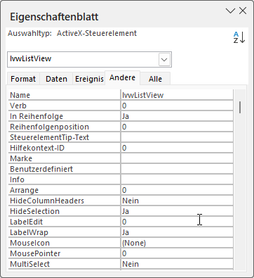 Eigenschaften des ListView-Steuerelements