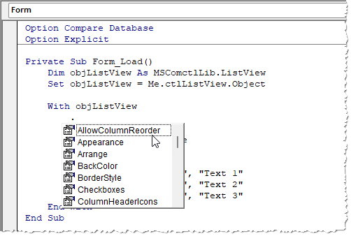 Eigenschaften des ListView-Steuerelements per IntelliSense