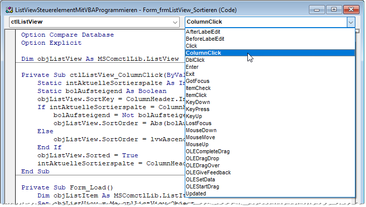 Anlegen einer Ereignisprozedur für das ListView-Steuerelement