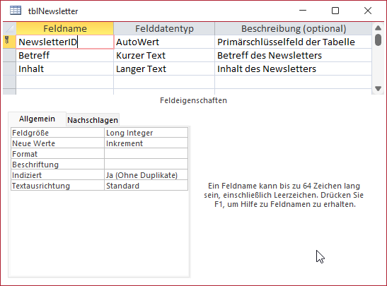 Die Tabelle tblNewsletter
