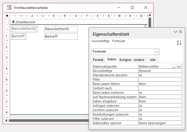 Hinzufügen der Felder der Tabelle tblNewsletter