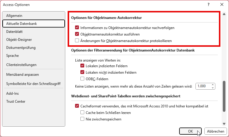 Optionen für die Objektnamen-Autokorrektur