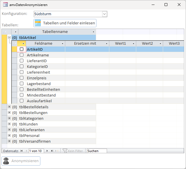 Die Tabellen und Felder der aktuellen Anwendung