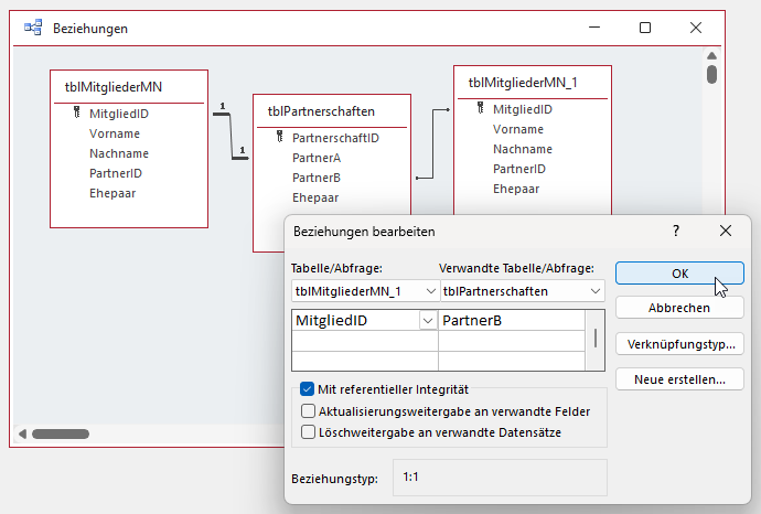 Beziehungen f&uuml;r die Verwaltung von Partnerschaften per m:n-Beziehung