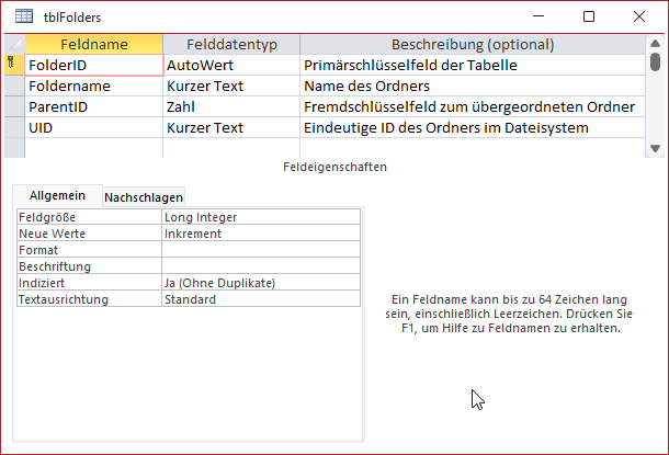Tabelle zum Speichern der Ordner