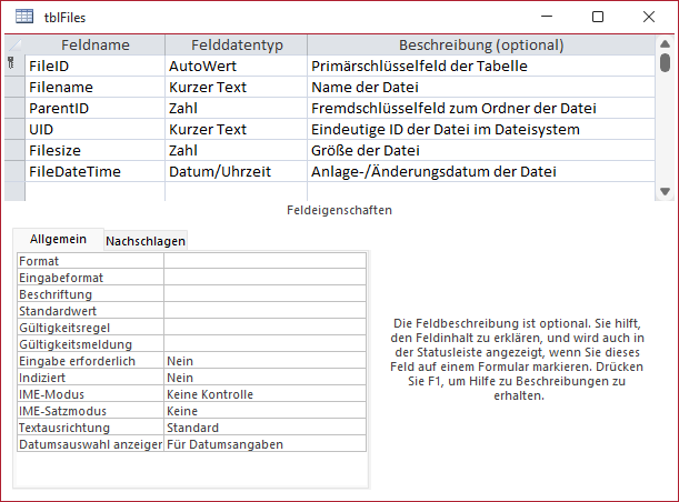 Tabelle zum Speichern der Dateien