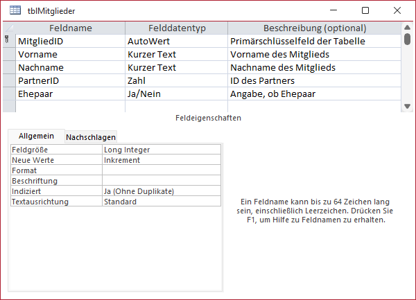 Entwurf der Tabelle tblMitglieder