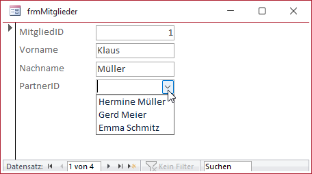 Formular zur Mitgliederverwaltung in der Formularansicht