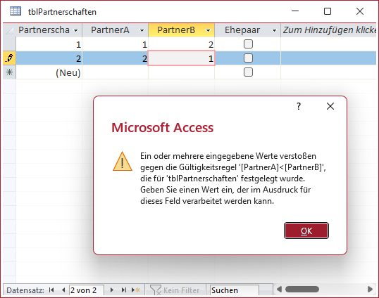 Meldung beim Eingeben ung&uuml;ltiger Daten