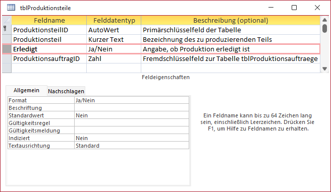Tabelle für die Produktionsteile