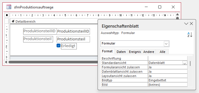 Entwurf des Unterformulars