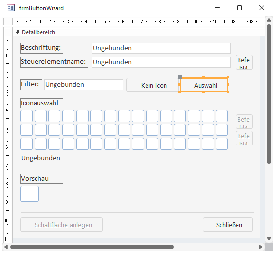 Vollständiger Entwurf des Formulars frmButtonWizard