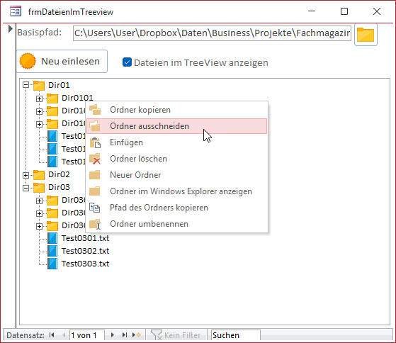 Anzeigen des Kontextmen&uuml;s f&uuml;r einen Ordner