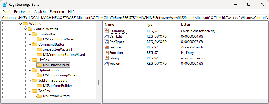 Steuerelement-Wizards in der Registry