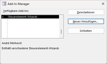 Der Add-In-Manager mit dem neu installierten Wizard