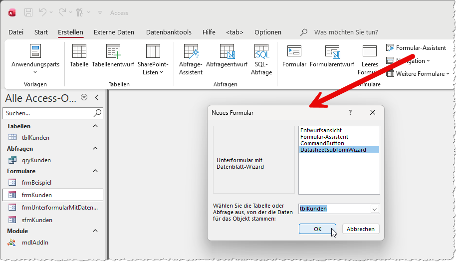 Uhser Assistent in der Liste der Formular-Assistenten
