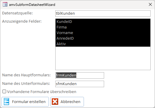 Der Wizard zum Erstellen von Unterformularen in der Datenblattansicht