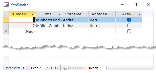 Das neu erstellte Formular mit Unterformular