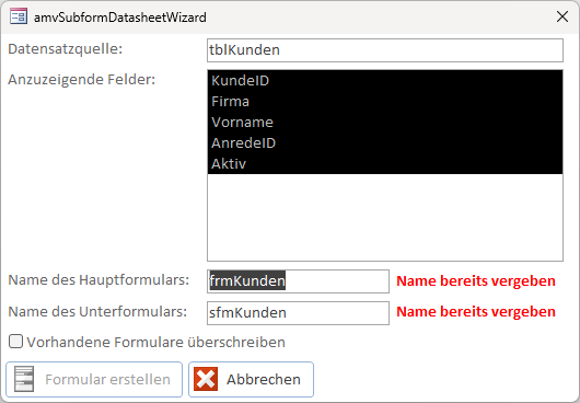 Hinweis auf bereits vorhandene Formulare