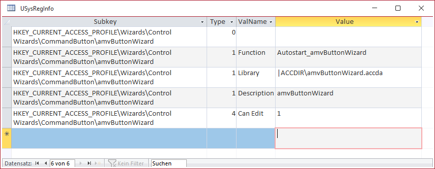 Die Tabelle USysRegInfo mit den Informationen des Wizards f&uuml;r die Registry