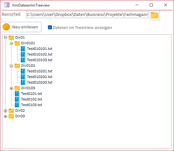 Das TreeView-Steuerelement mit den Ordnern und Dateien