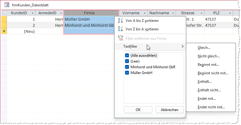 Weitere Filterm&ouml;glichkeiten in der Datenblattansicht