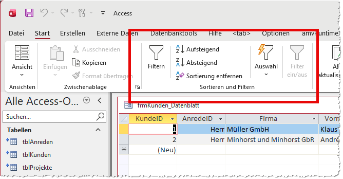 Neuer Sortieren und Filtern-Bereich im Ribbon