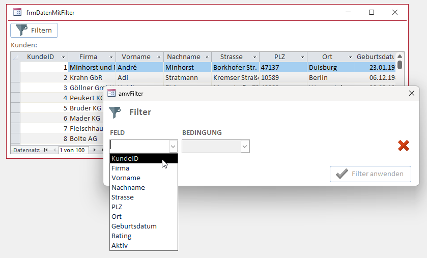 Die Feldauswahlliste zeigt automatisch alle Felder des Recordsets an