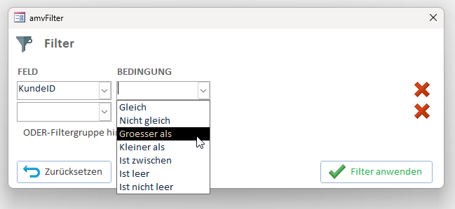 Die Bedingungsauswahl zeigt nur die f&uuml;r den Feldtyp passenden Operatoren