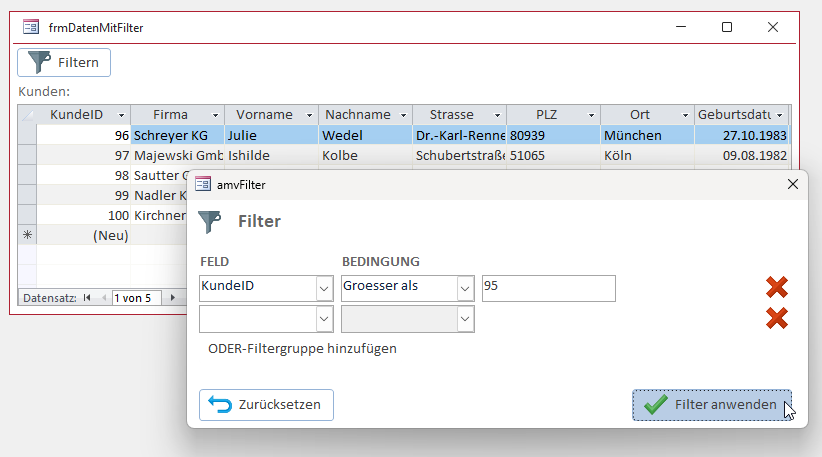 Der erste Filter ist gesetzt - von 100 Datens&auml;tzen bleiben 5 &uuml;brig