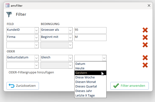 Eine ODER-Gruppe mit Datumsfeld - der Datumstyp-Dropdown bietet vordefinierte Zeitr&auml;ume