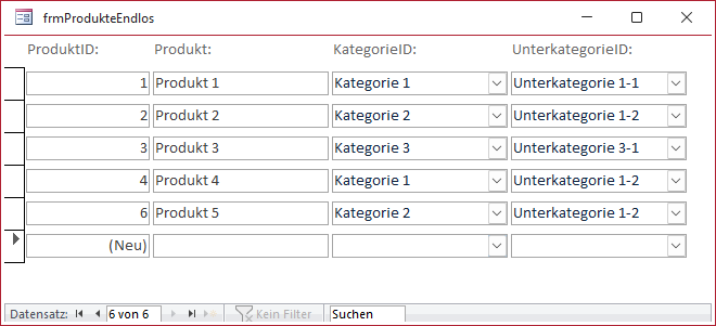Nach dem erneuten &Ouml;ffnen des Formulars sind alle Unterkategorien wieder sichtbar.