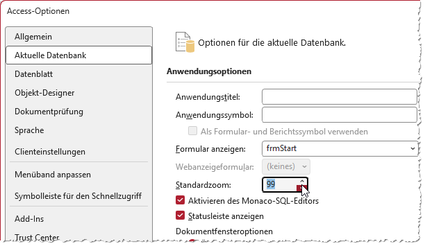 Zoom-Faktor &uuml;ber die Access-Optionen einstellen