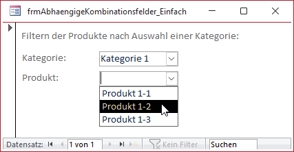 Nach der Wahl einer Kategorie f&uuml;hrt das Produktfeld nur noch die dazugeh&ouml;rigen Eintr&auml;ge