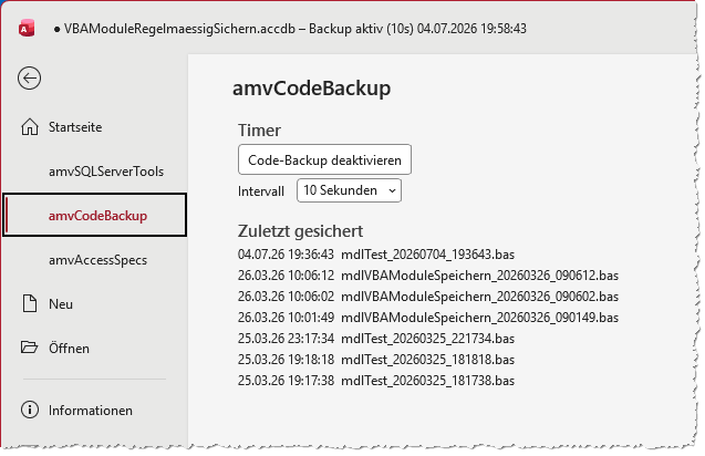 Das COM-Add-In amvCodeBackup im Dateinmen&uuml; von Access